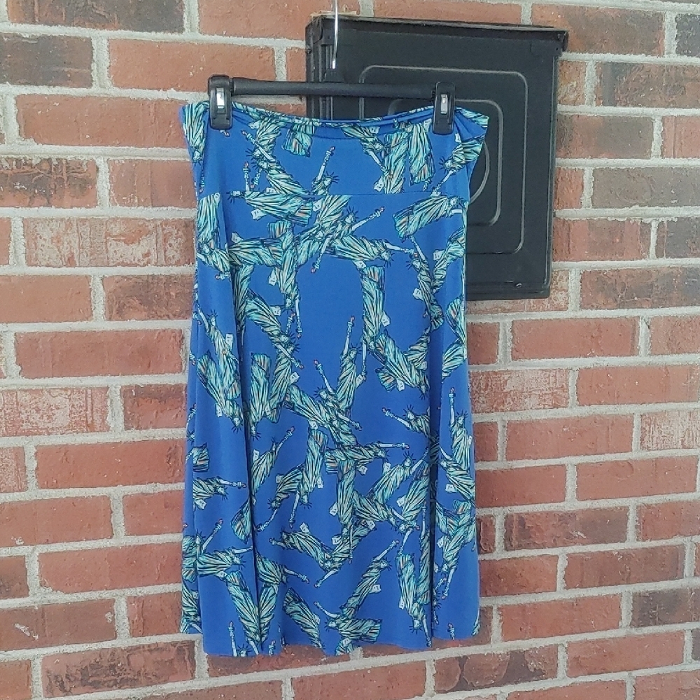 LuLaRoe Blue and Green Lady Liberty A-Line Azure Skirt Size L